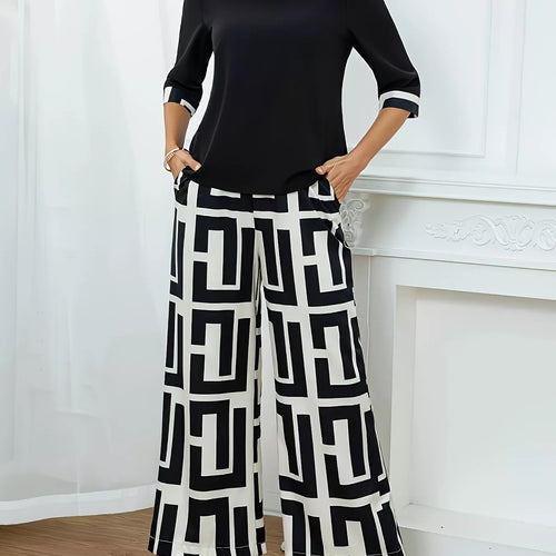 Round Neck Top and Wide Leg Pants Set