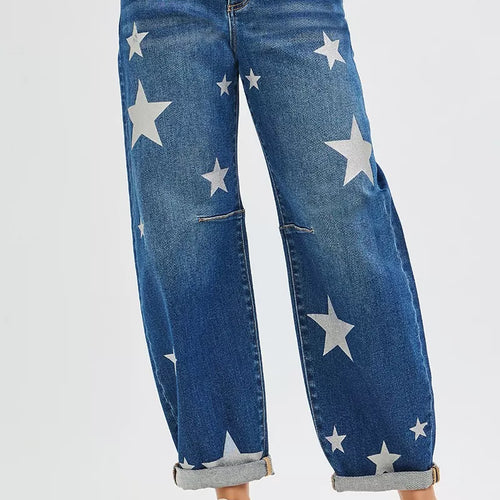 RISEN Mid Rise Ankle Length Relaxed Barrel Star Printed Jeans