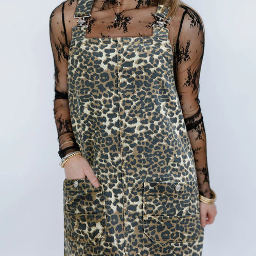 Leopard Print Denim Overall Dress