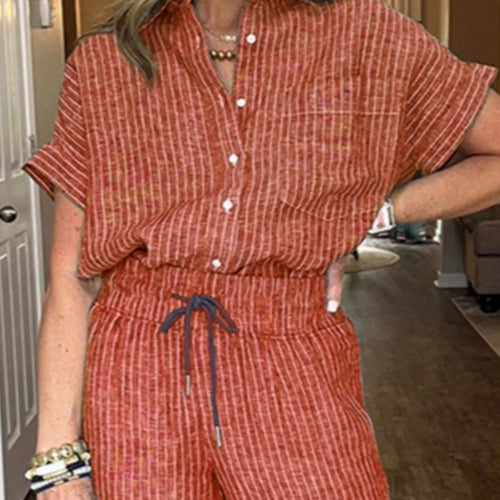 Full Size Striped Button-Up Shirt and Wide Leg Pants Casual Set Plus Size