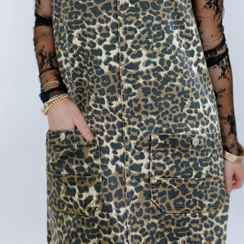 Leopard Print Denim Overall Dress