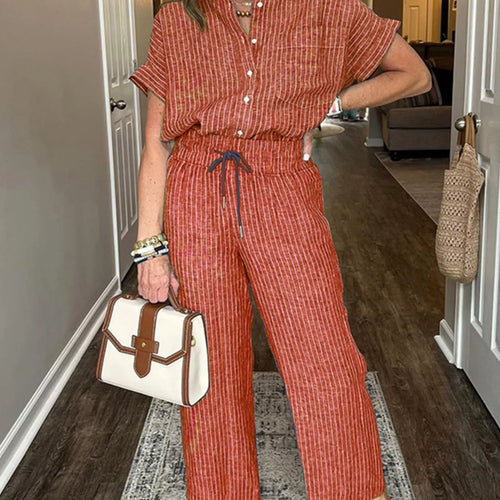 Full Size Striped Button-Up Shirt and Wide Leg Pants Casual Set Plus Size